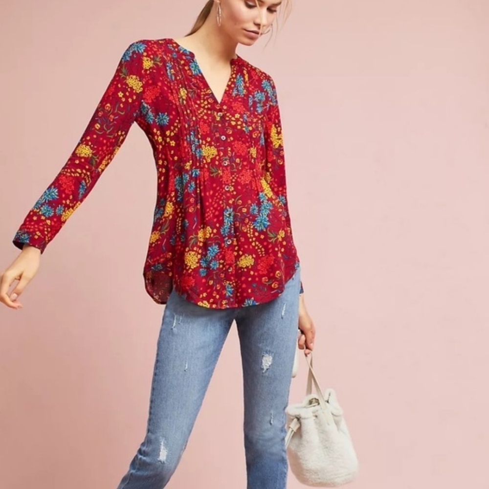 Maeve Anthropologie Floral Boho Peasant Blouse Size Large Red Fall Long Sleeve